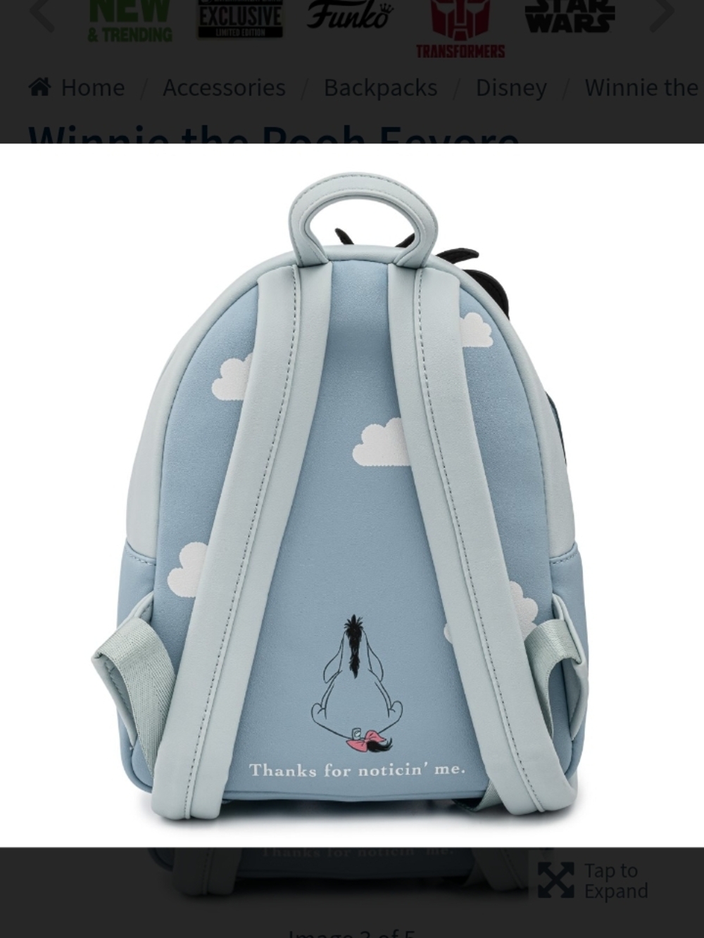 Loungefly Eeyore Character Mini Backpack in Light Blue with Pink Bow Charm - Picture 4 of 6